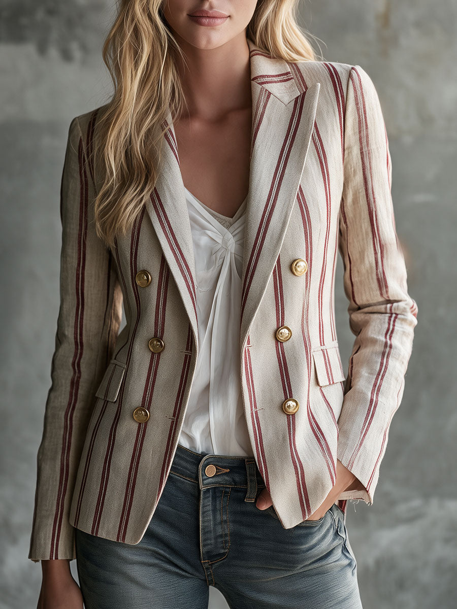 Retro Red Striped Beige Double-breasted Cotton-linen Blazer