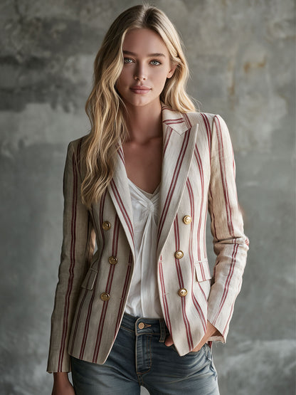 Retro Red Striped Beige Double-breasted Cotton-linen Blazer