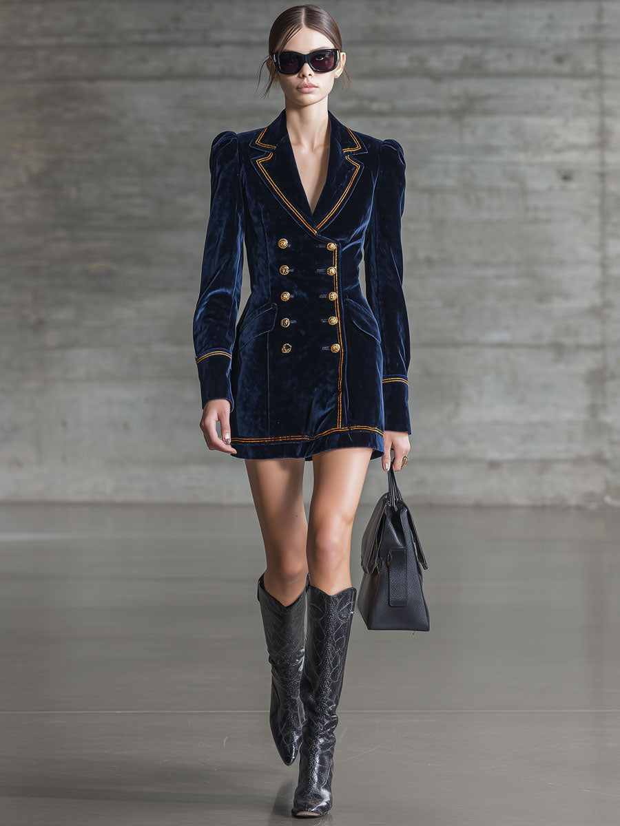Simple Retro Gold-threaded Dark Blue Velvet Suit Long-sleeved Mini Dress