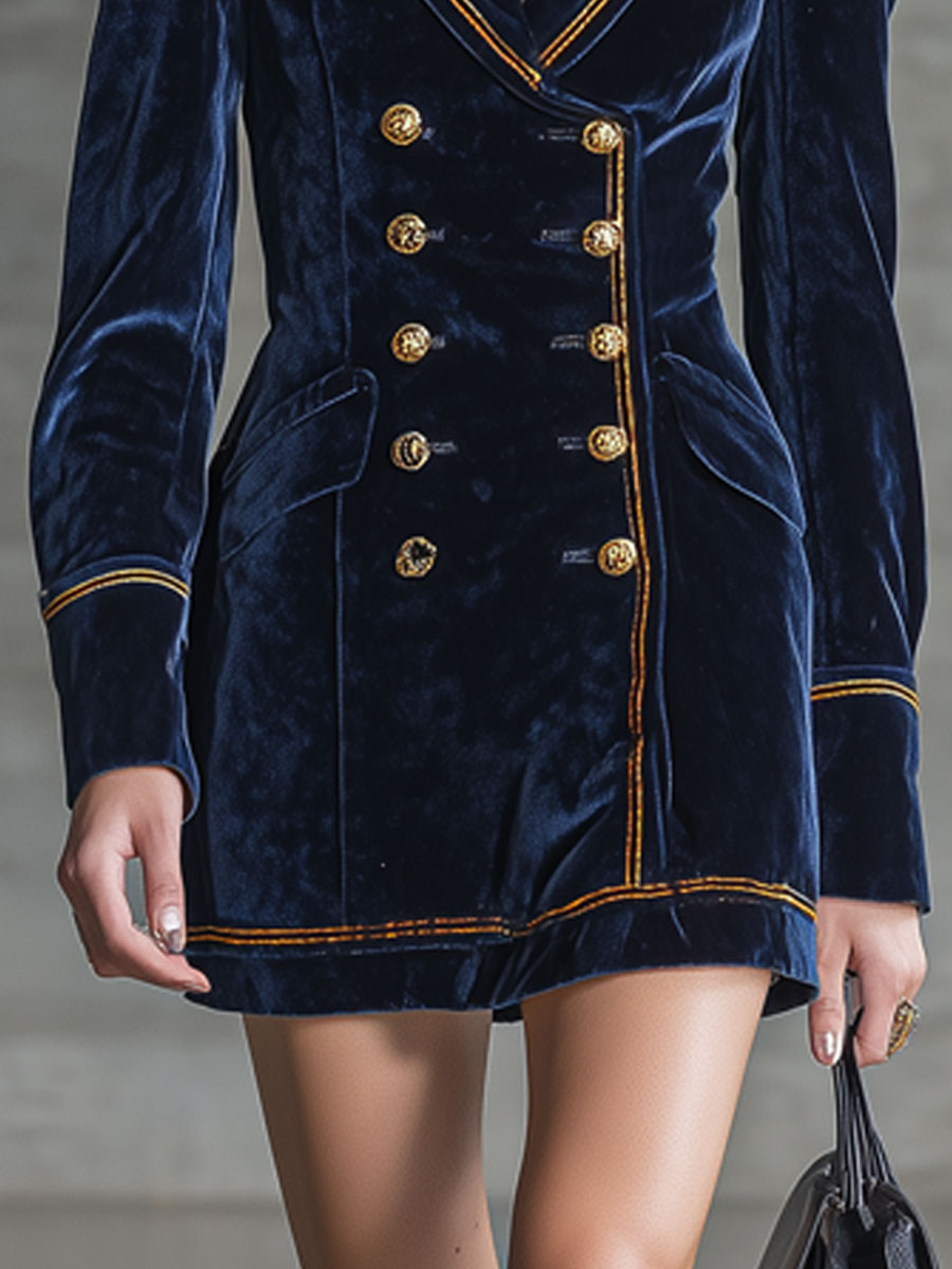 Simple Retro Gold-threaded Dark Blue Velvet Suit Long-sleeved Mini Dress