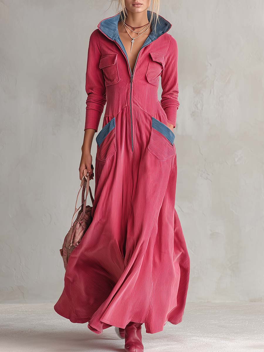 Retro Raspberry Corduroy Hooded Zip-Front Long-Sleeve Fit-And-Flare Maxi Dress