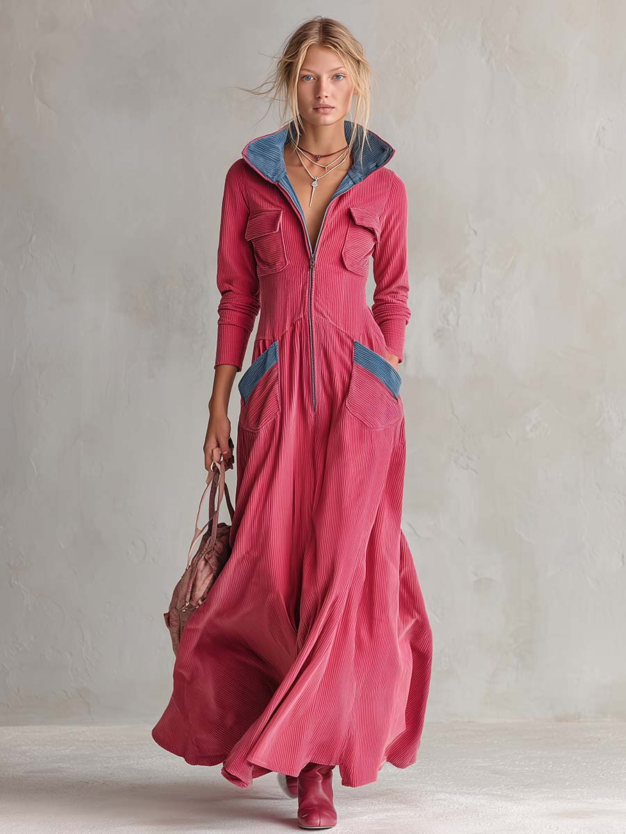 Retro Raspberry Corduroy Hooded Zip-Front Long-Sleeve Fit-And-Flare Maxi Dress