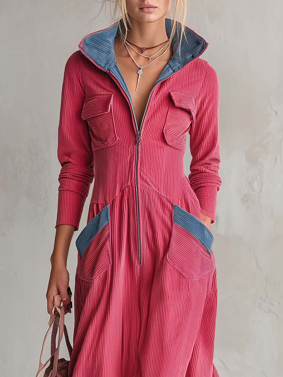 Retro Raspberry Corduroy Hooded Zip-Front Long-Sleeve Fit-And-Flare Maxi Dress