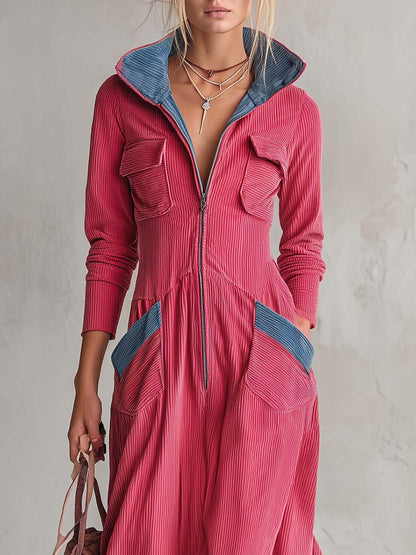 Retro Raspberry Corduroy Hooded Zip-Front Long-Sleeve Fit-And-Flare Maxi Dress