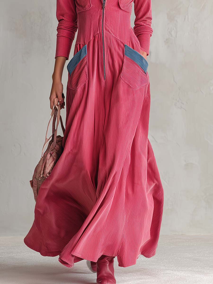 Retro Raspberry Corduroy Hooded Zip-Front Long-Sleeve Fit-And-Flare Maxi Dress