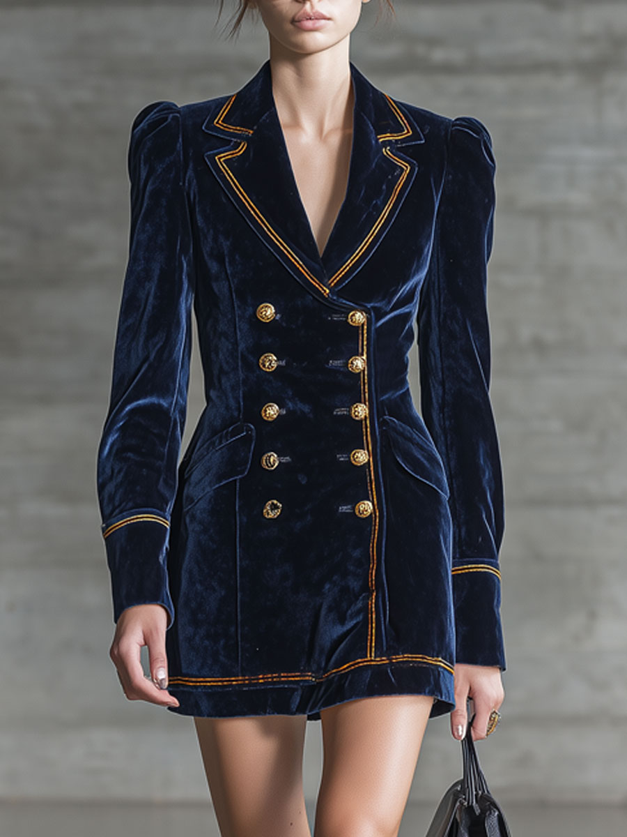 Simple Retro Gold-threaded Dark Blue Velvet Suit Long-sleeved Mini Dress