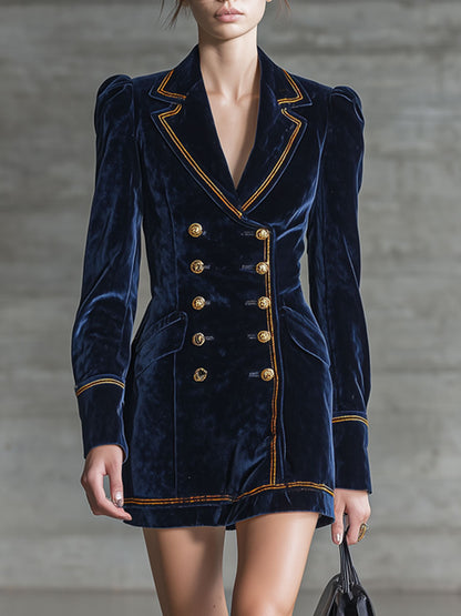 Simple Retro Gold-threaded Dark Blue Velvet Suit Long-sleeved Mini Dress