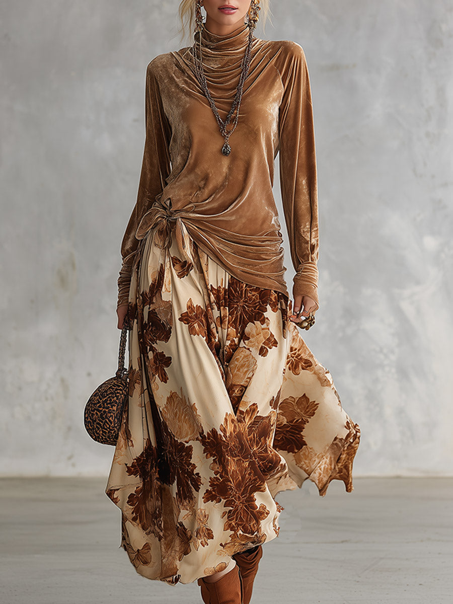 Vintage-style Elegant Camel-colored Cowl-neck Top And Printed Skirt Velvet Set