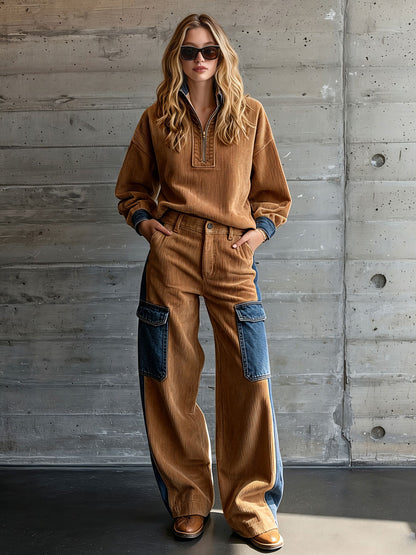 Casual Retro Blue Denim Patchwork Camel Corduroy Half-zip Top And Cargo Pants Set