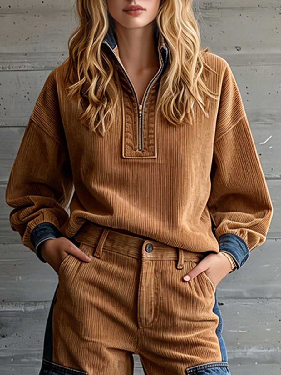 Casual Retro Blue Denim Patchwork Camel Corduroy Half-zip Top And Cargo Pants Set