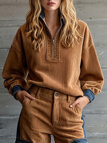 Casual Retro Blue Denim Patchwork Camel Corduroy Half-zip Top And Cargo Pants Set