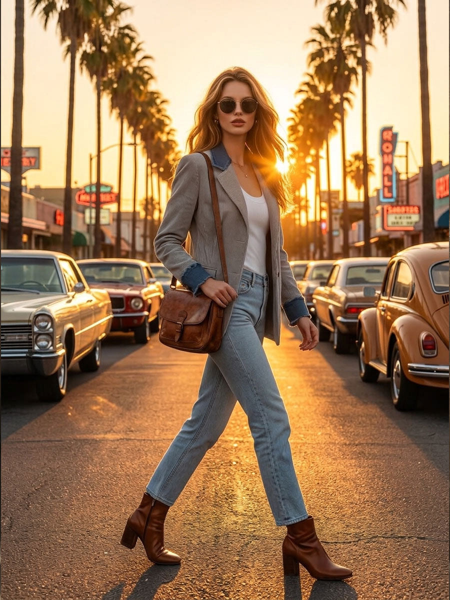 Casual Retro Frayed Blue Denim Gray Corduroy Blazer