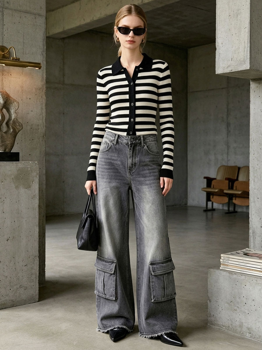 Casual Retro Frayed Gray Cargo Jeans