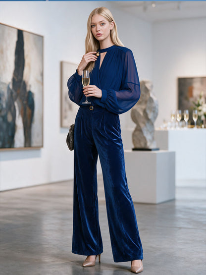 Retro-elegant Royal Blue Chiffon Blouse And Velvet Wide-leg Trousers Set