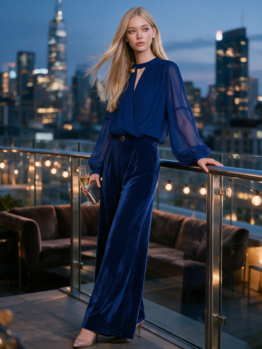 Retro-elegant Royal Blue Chiffon Blouse And Velvet Wide-leg Trousers Set