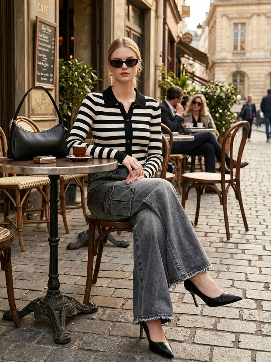 Casual Retro Black And White Striped Knit Cardigan