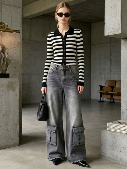 Casual Retro Black And White Striped Knit Cardigan