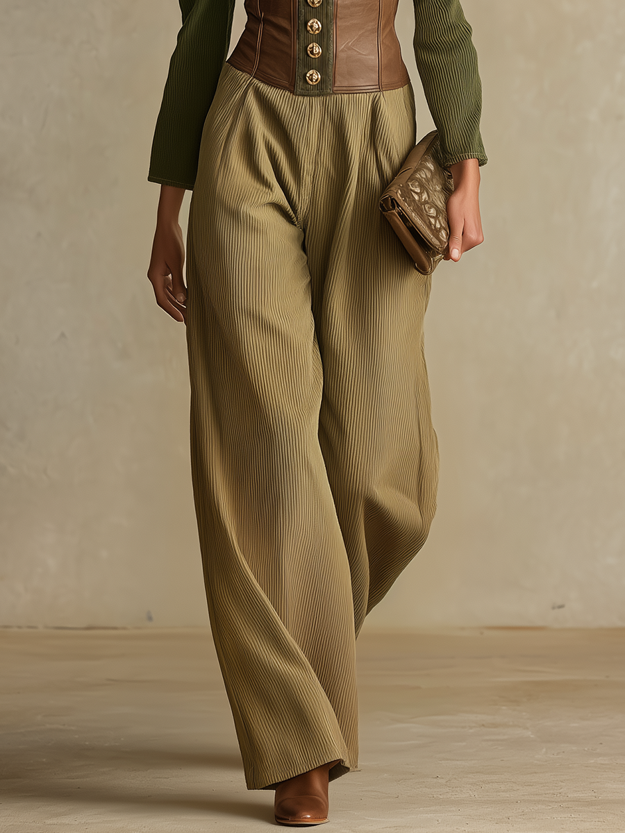 Retro-casual Elegant Western-style Green Corduroy And PU Leather Patchwork Set