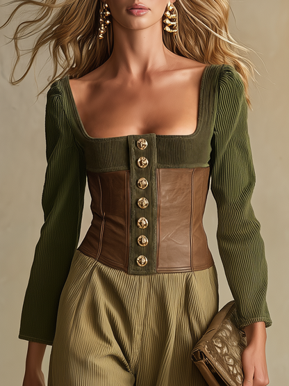 Retro-casual Elegant Western-style Green Corduroy And PU Leather Patchwork Set