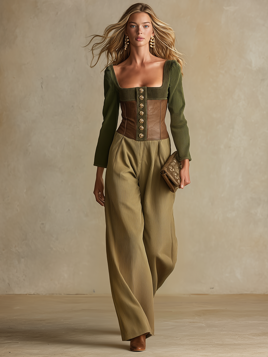 Retro-casual Elegant Western-style Green Corduroy And PU Leather Patchwork Set