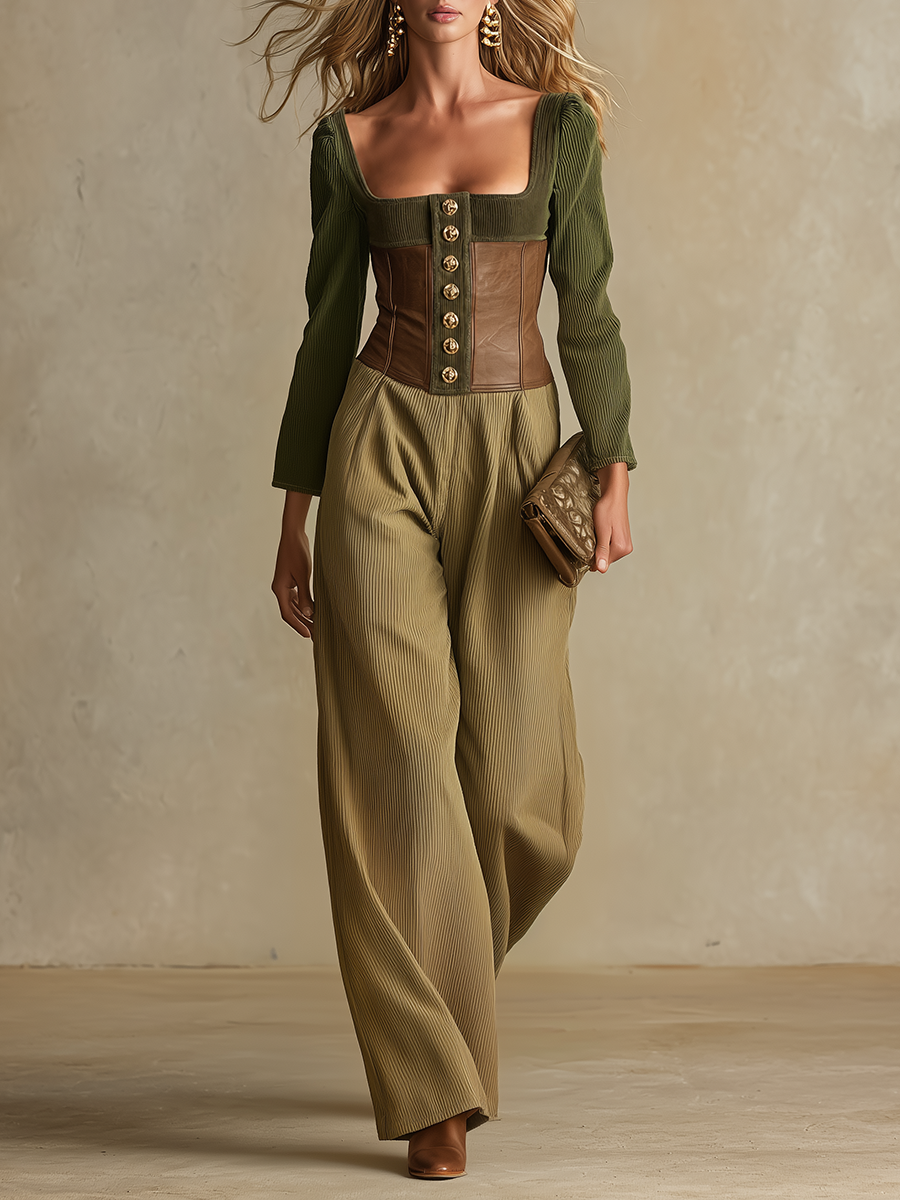 Retro-casual Elegant Western-style Green Corduroy And PU Leather Patchwork Set