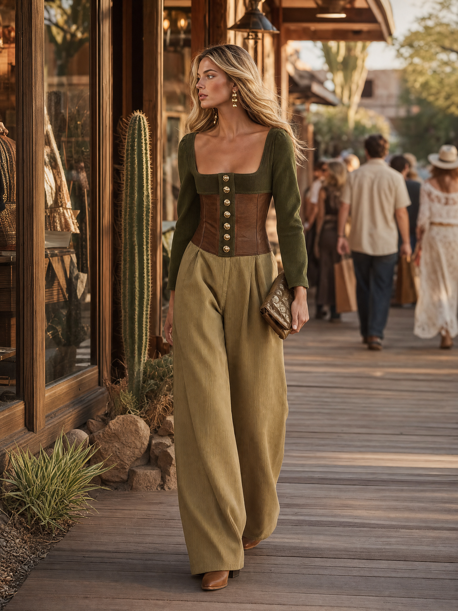 Retro-casual Elegant Western-style Green Corduroy And PU Leather Patchwork Set