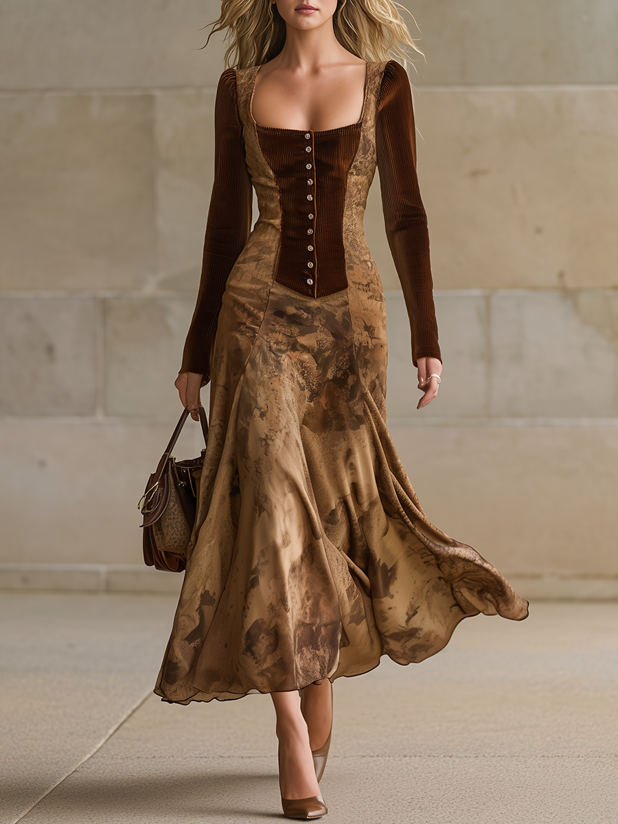 Vintage-style Casual-chic Western-inspired Dress Featuring A Corduroy And Chiffon Patchwork Design