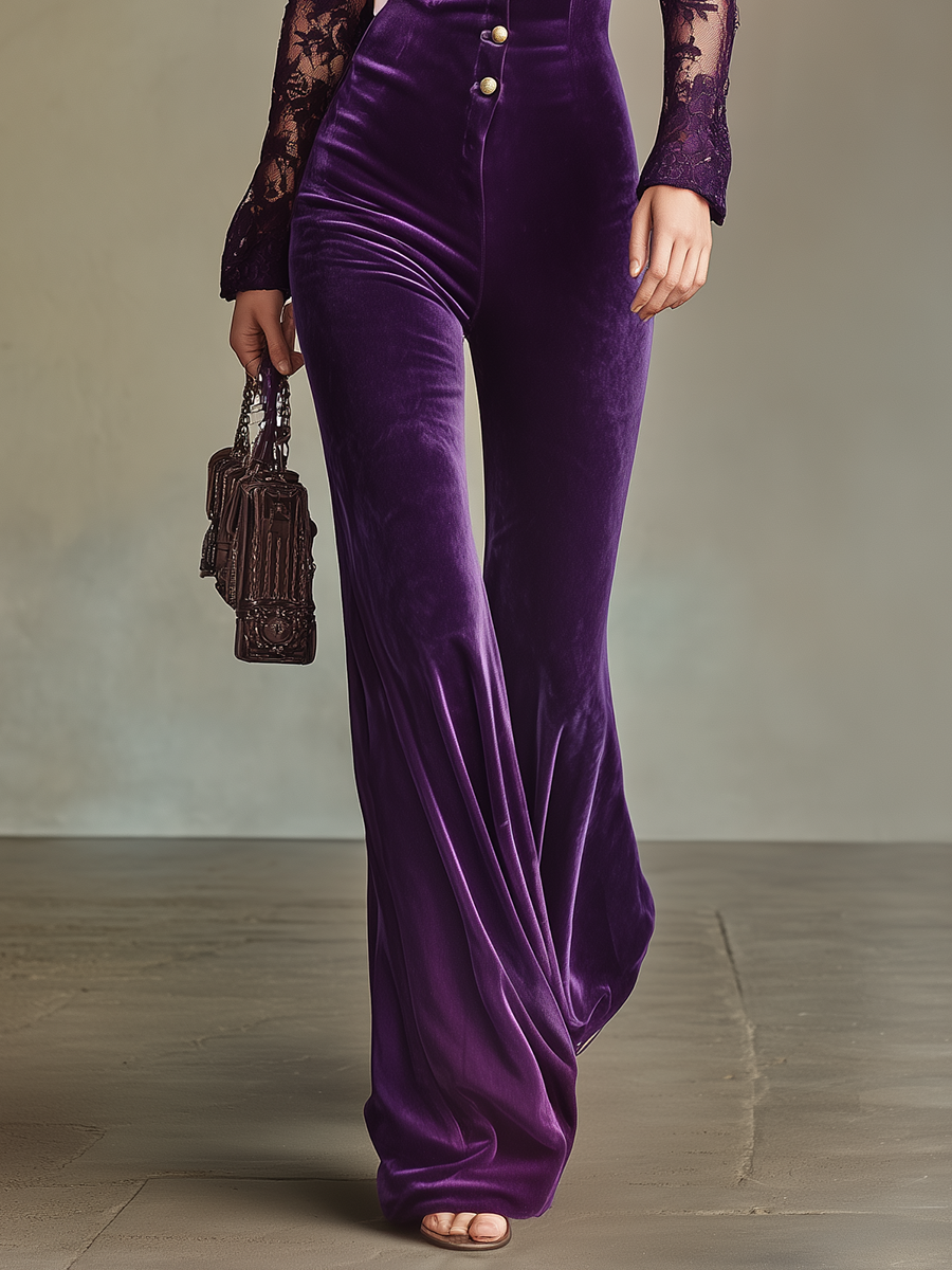Vintage-style Casual Yet Elegant Western-inspired Purple Lace-paneled Velvet Jumpsuit
