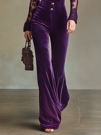 Vintage-style Casual Yet Elegant Western-inspired Purple Lace-paneled Velvet Jumpsuit