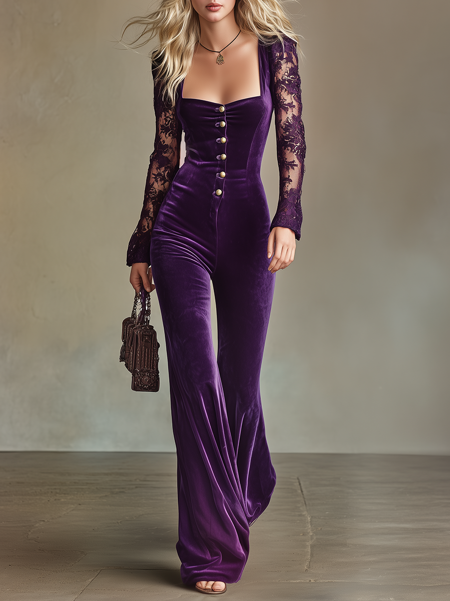 Vintage-style Casual Yet Elegant Western-inspired Purple Lace-paneled Velvet Jumpsuit