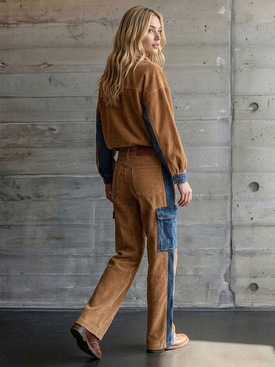 Casual Retro Blue Denim Patchwork Camel Corduroy Half-zip Top And Cargo Pants Set