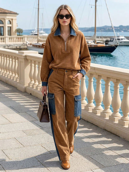 Casual Retro Blue Denim Patchwork Camel Corduroy Half-zip Top And Cargo Pants Set