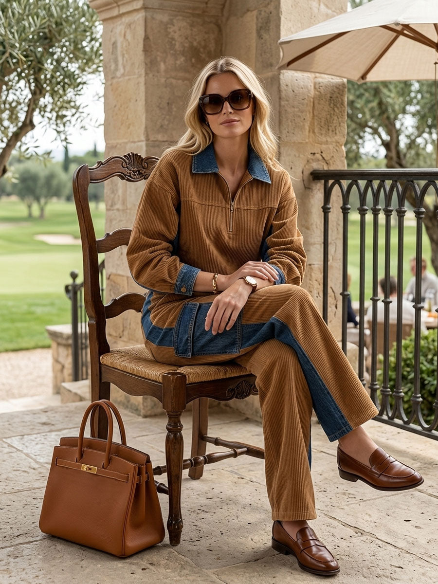 Casual Retro Blue Denim Patchwork Camel Corduroy Half-zip Top And Cargo Pants Set