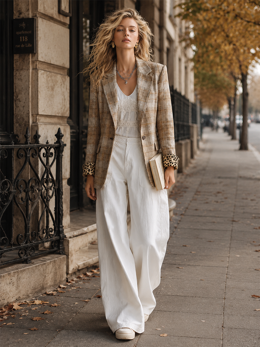 Retro-chic Khaki Plaid Faux-suede Blazer