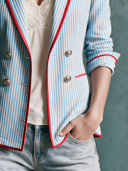 Retro-style Color-blocked Trim Blue Striped Double-breasted Cotton Blazer