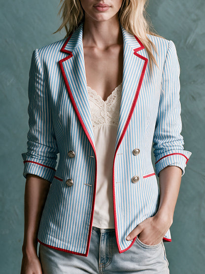Retro-style Color-blocked Trim Blue Striped Double-breasted Cotton Blazer