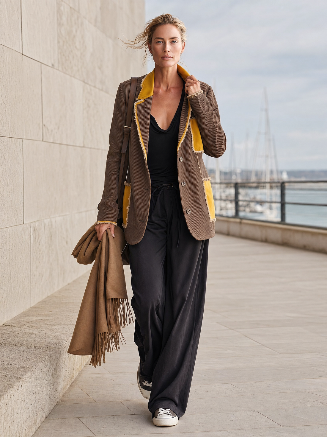Retro Brown Mustard Color-Block Corduroy Frayed Single-Breasted Oversized Blazer