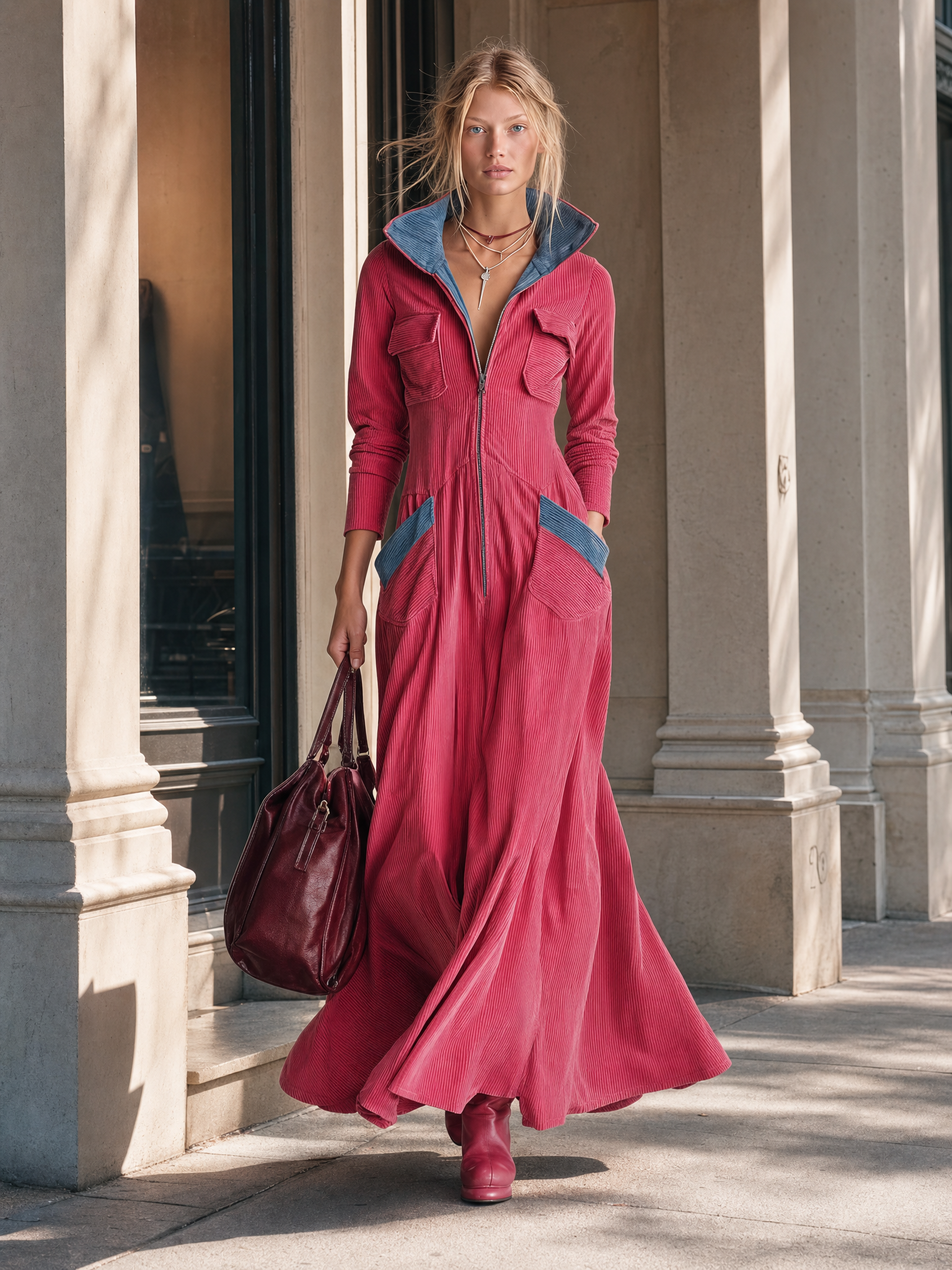 Retro Raspberry Corduroy Hooded Zip-Front Long-Sleeve Fit-And-Flare Maxi Dress