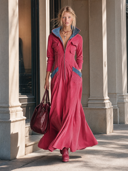 Retro Raspberry Corduroy Hooded Zip-Front Long-Sleeve Fit-And-Flare Maxi Dress