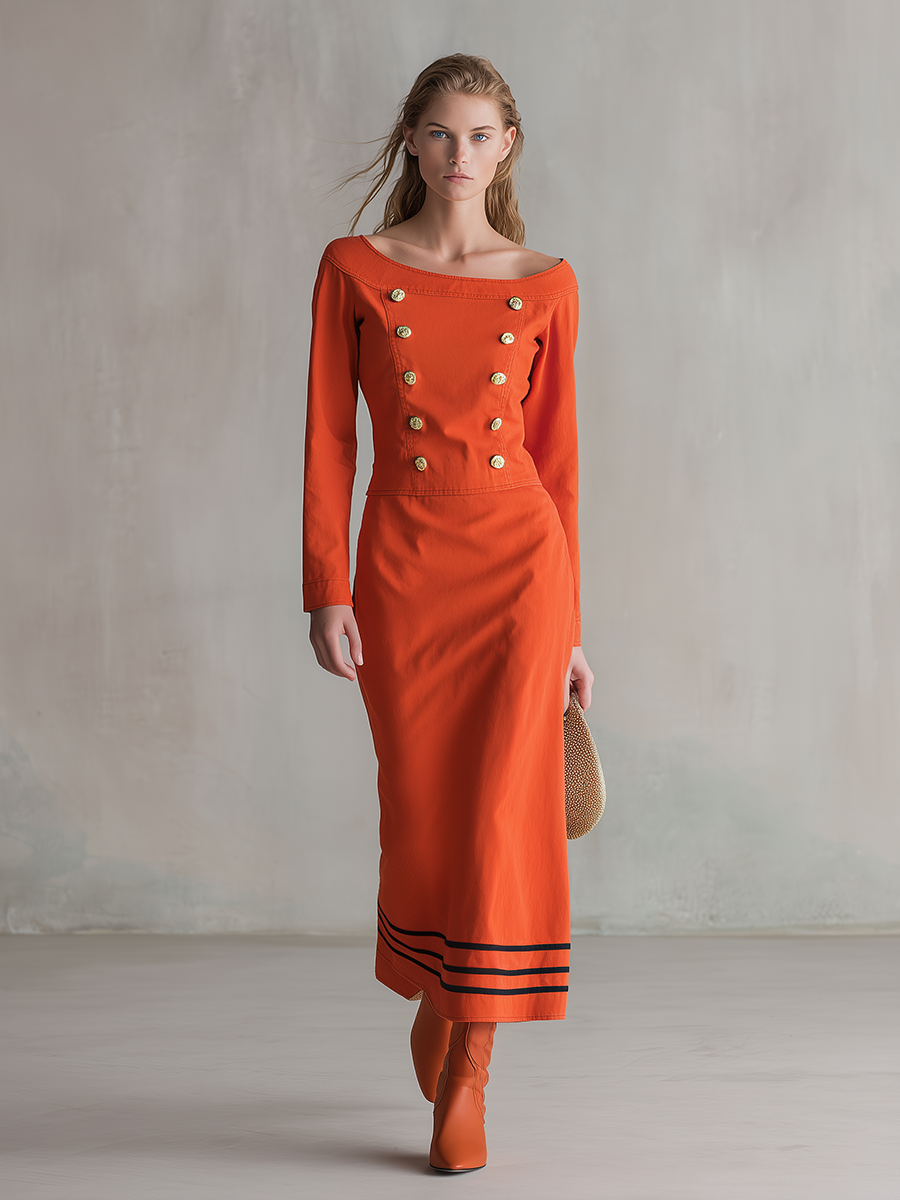 Retro Orange-red Off-shoulder Double-breasted Nautical-style Long Denim Dress