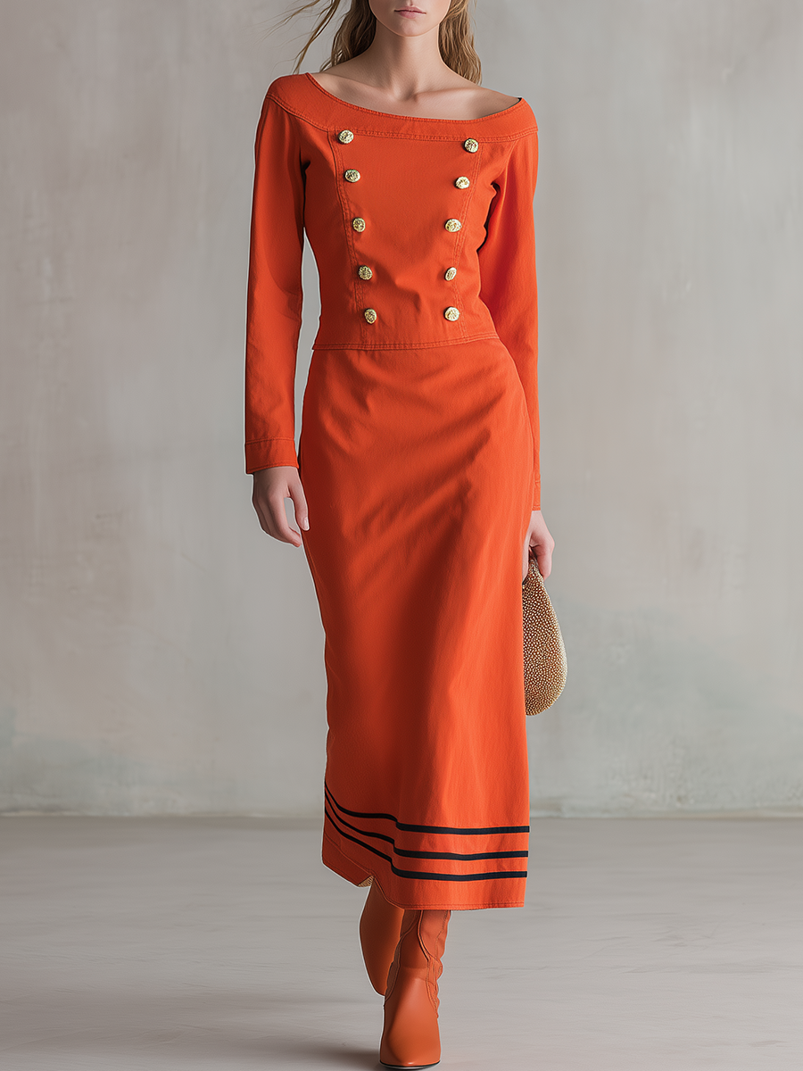 Retro Orange-red Off-shoulder Double-breasted Nautical-style Long Denim Dress