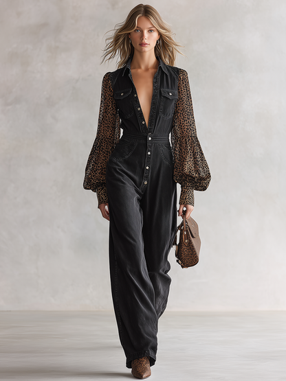 Western-style Leopard-print Chiffon-sleeve Button-front Fitted Wide-leg Denim Jumpsuit