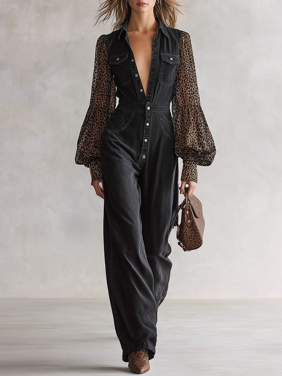 Western-style Leopard-print Chiffon-sleeve Button-front Fitted Wide-leg Denim Jumpsuit