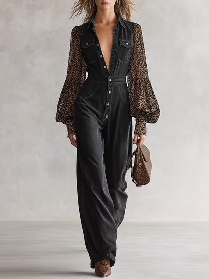 Western-style Leopard-print Chiffon-sleeve Button-front Fitted Wide-leg Denim Jumpsuit