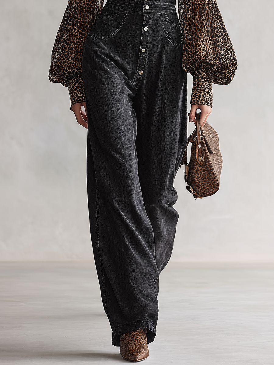 Western-style Leopard-print Chiffon-sleeve Button-front Fitted Wide-leg Denim Jumpsuit