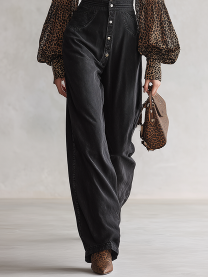 Western-style Leopard-print Chiffon-sleeve Button-front Fitted Wide-leg Denim Jumpsuit