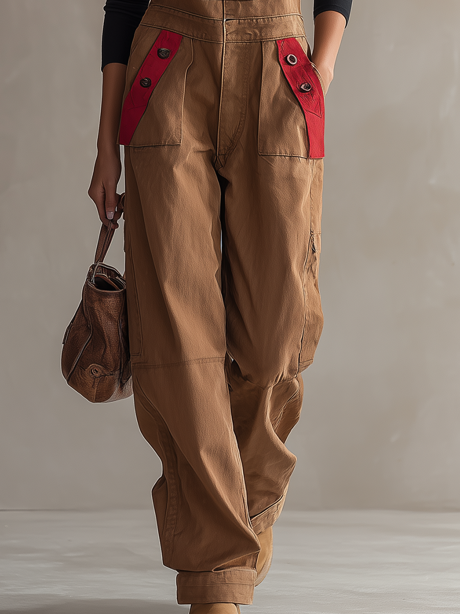 Retro American-style Adjustable-strap Red-paneled Big-pocket Wide-leg Jumpsuit