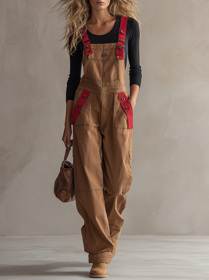 Retro American-style Adjustable-strap Red-paneled Big-pocket Wide-leg Jumpsuit