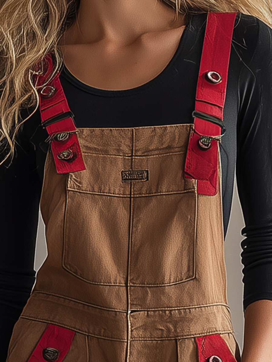 Retro American-style Adjustable-strap Red-paneled Big-pocket Wide-leg Jumpsuit