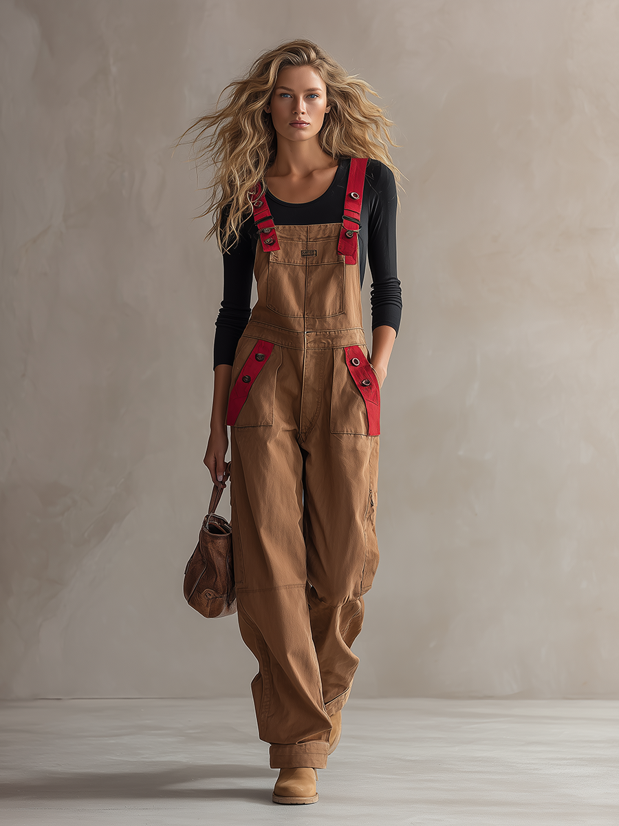 Retro American-style Adjustable-strap Red-paneled Big-pocket Wide-leg Jumpsuit